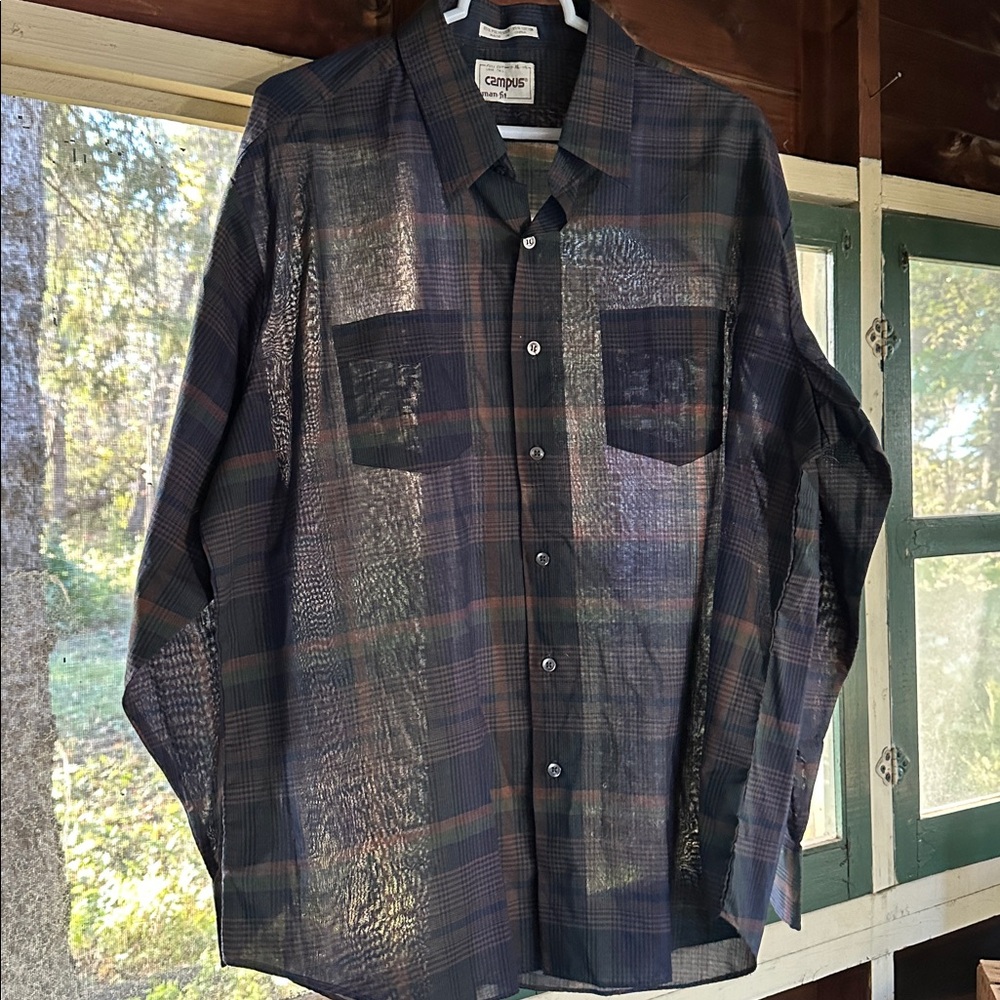 Vintage Campus Man-Fit Plaid Button-Up Shirt Full Cut Long Tail XL